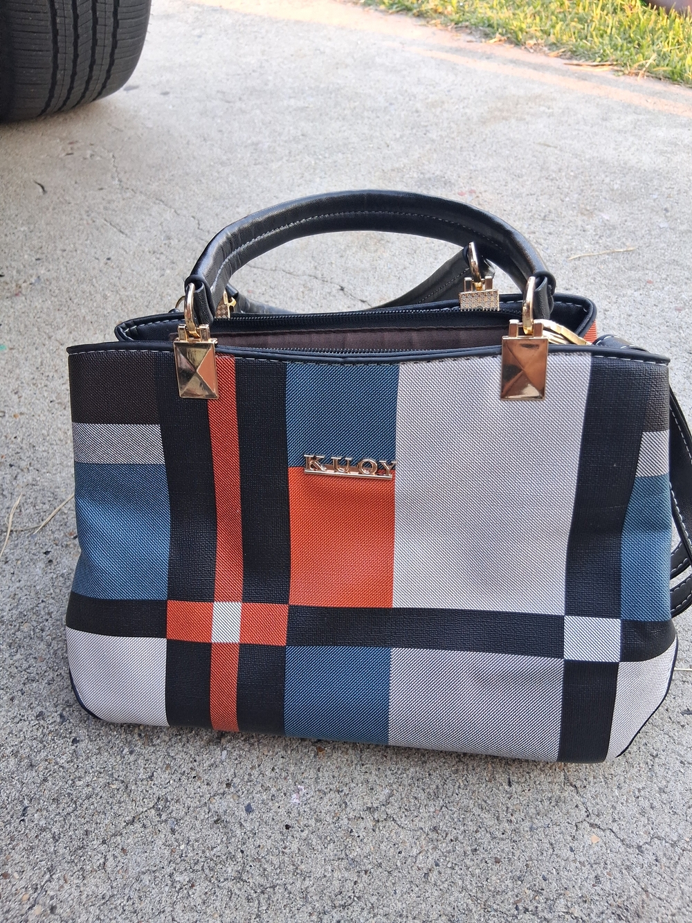 Plaid Colorblock Tote Bag in Blue, Orange, Black